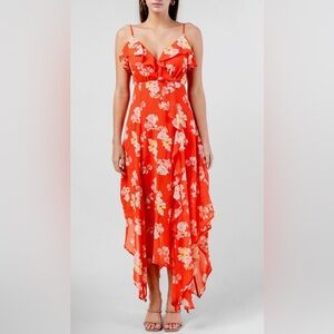 Beivy Orange Yellow Floral Handkerchief‎ Hem Chiffon Maxi Dress